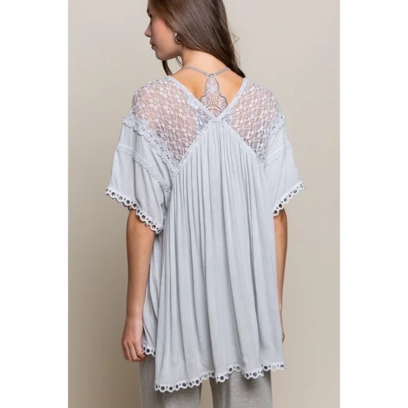 POL Light Grey Tassel Tie Rayon Gauze + Lace Kimono Cardigan - Picture 4 of 6